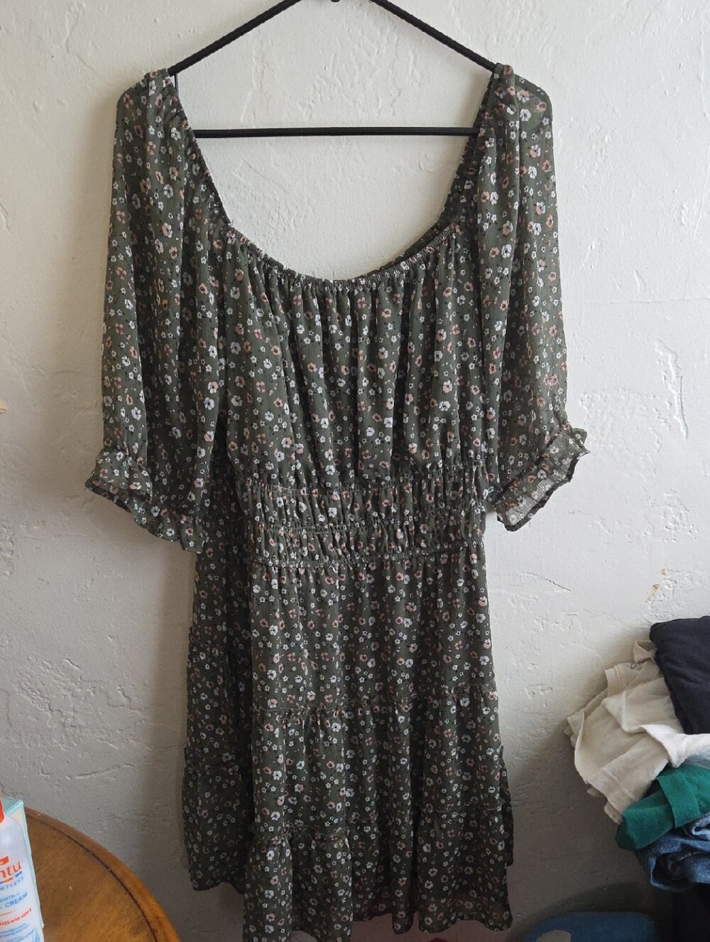 Olive Green Floral Smocked Mini Dress